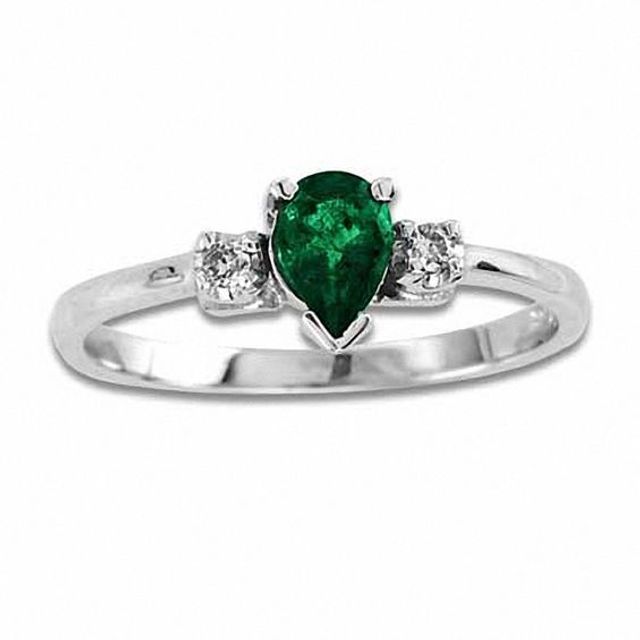 Pear-Shaped Emerald and Diamond Accent Engagement Ring in 14K White Gold