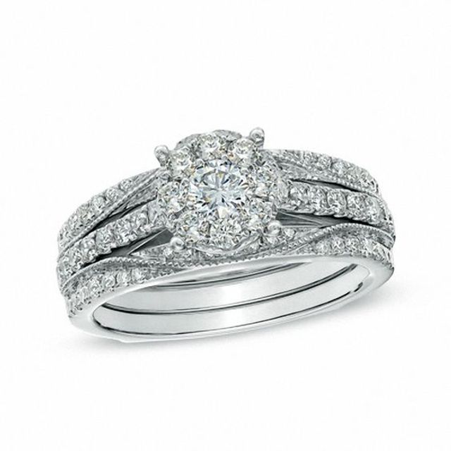 1 CT. T.w. Diamond Cluster Vintage-Style Bridal Set in 14K White Gold