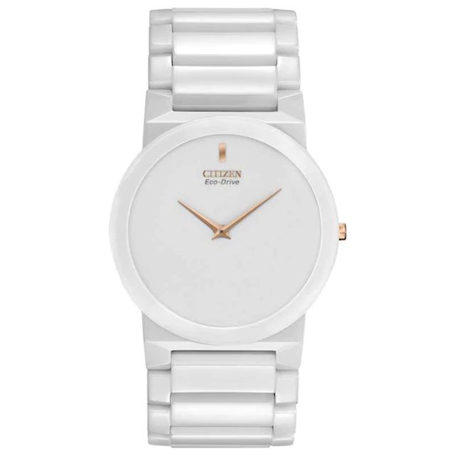 Citizen Eco-DriveÂ® Stiletto Blade White Ceramic Watch with White Dial (Model: Ar3050-52B)