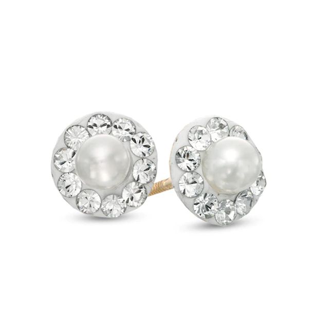 Child's 3.0mm Freshwater Cultured Pearl and Crystal Frame Stud Earrings in 14K Gold