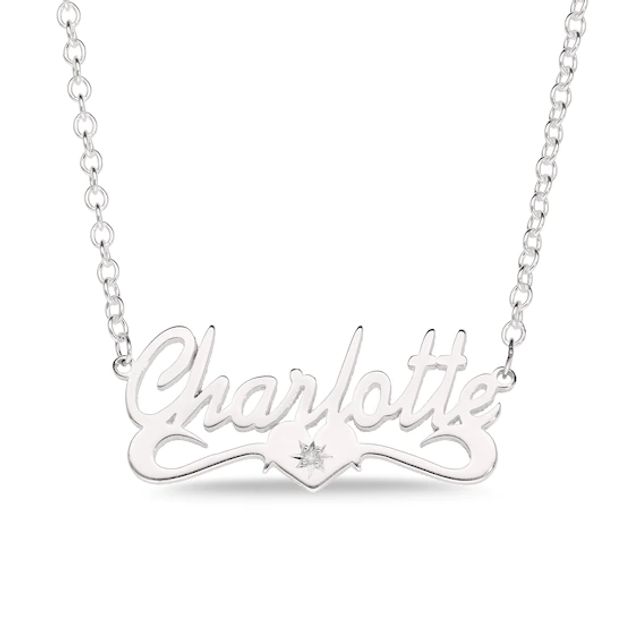 Diamond Accent Heart Script Name Necklace in Sterling Silver (6-10 Characters)