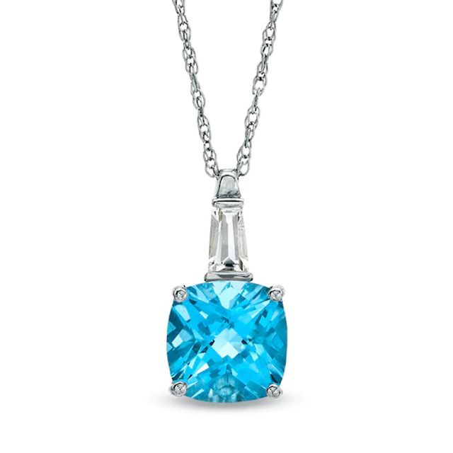 9.0mm Cushion-Cut Swiss Blue Topaz and Lab-Created White Sapphire Pendant in 10K White Gold