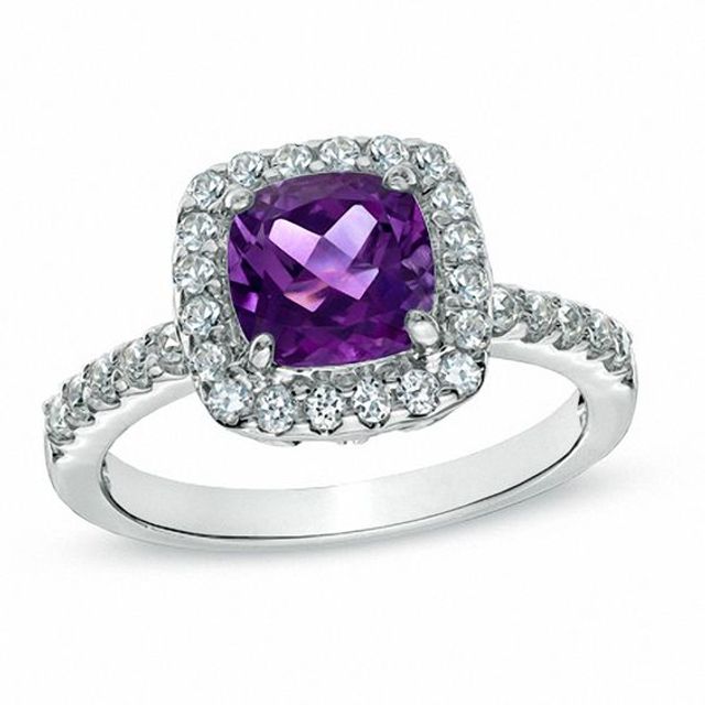 7.0mm Cushion-Cut Amethyst and Lab-Created White Sapphire Ring in Sterling Silver