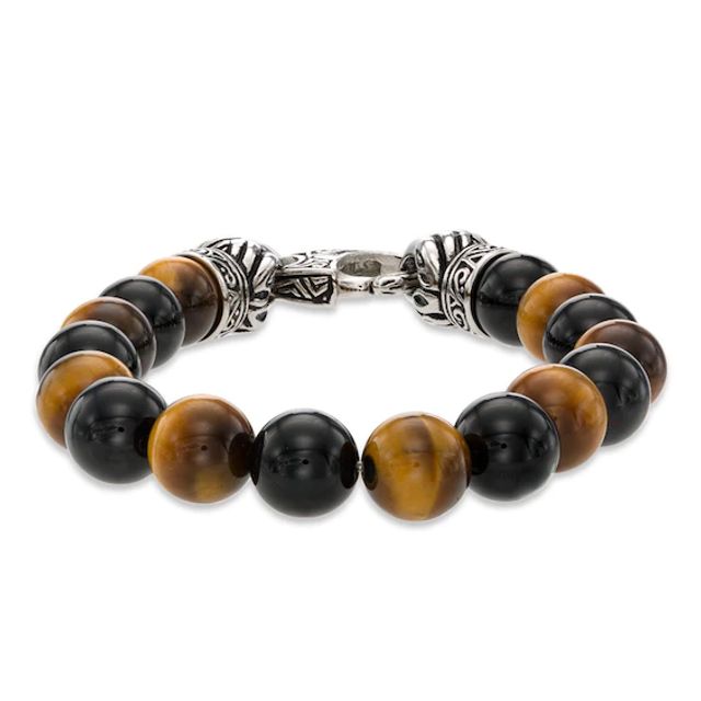 Zales Men's Tiger's Eye and Onyx Bead Stainless Steel Stretch Bracelet - 8.5