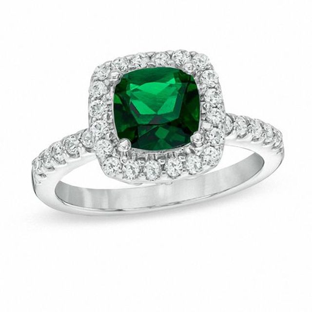 7.0mm Cushion-Cut Green Quartz Doublet and Lab-Created White Sapphire Frame Ring in Sterling Silver