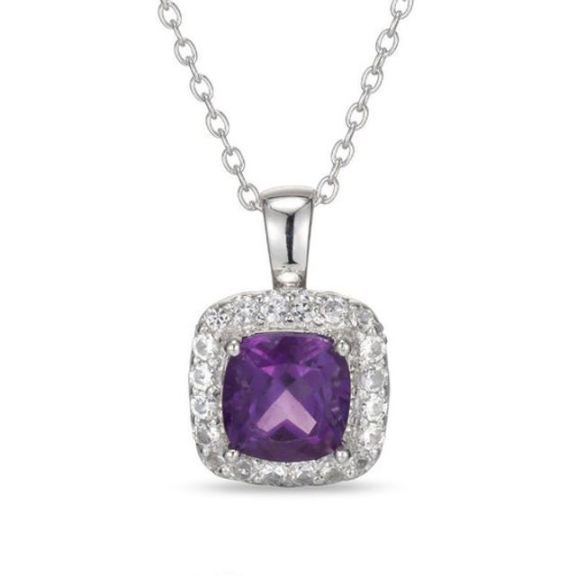 7.0mm Cushion-Cut Amethyst and Lab-Created White Sapphire Frame Pendant in Sterling Silver