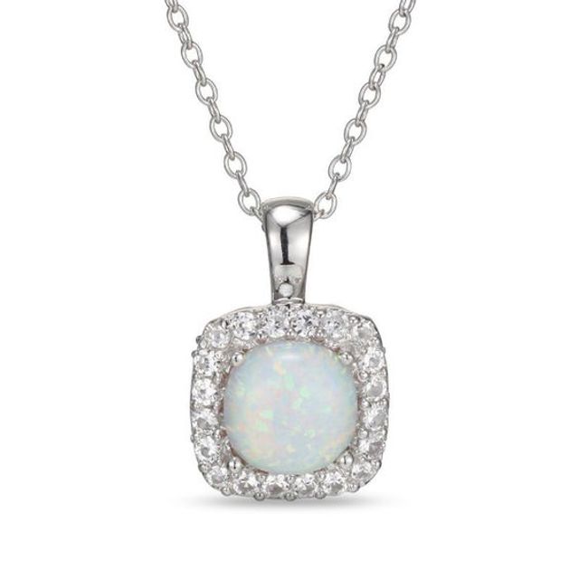 7.0mm Cushion-Cut Lab-Created Opal and White Sapphire Frame Pendant in Sterling Silver