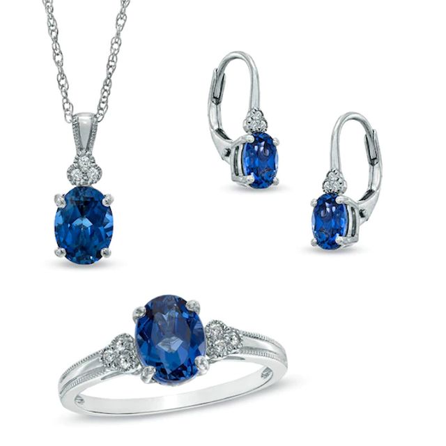 Oval Lab-Created Blue and White Sapphire Pendant, Ring and Earrings Set in Sterling Silver - Size 7