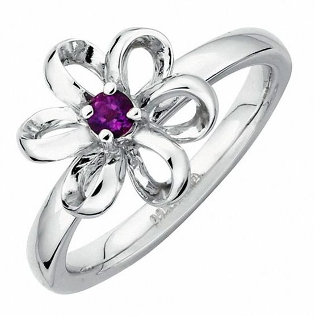 Stackable Expressionsâ¢ Polished Three-Dimensional Amethyst Flower Ring in Sterling Silver