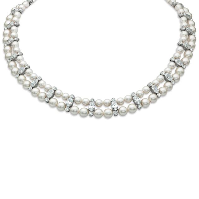 AVA Nadri Simulated Pearl and Cubic Zirconia Necklace in White Rhodium Brass - 16"