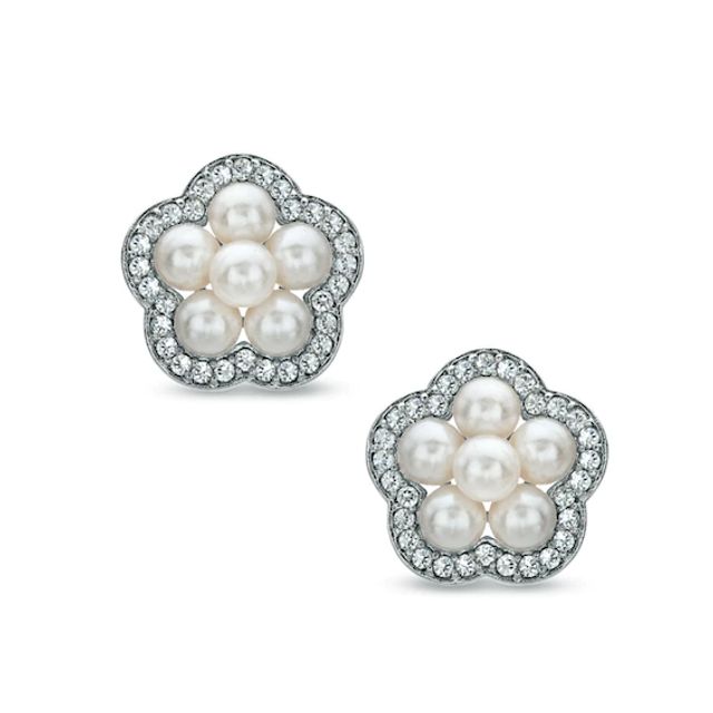 AVA Nadri Simulated Pearl and Crystal Flower Earrings in White Rhodium Brass