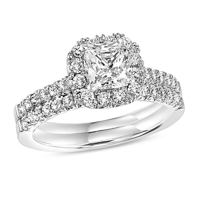 1 CT. T.w. Cushion-Cut Diamond Frame Bridal Set in 14K White Gold