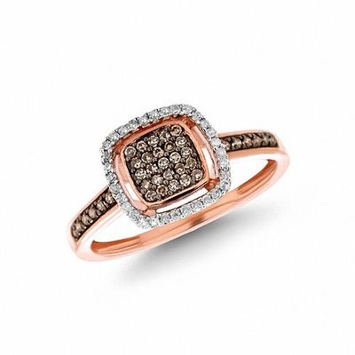 1/4 CT. T.w. Champagne and White Multi-Diamond Square Frame Ring in 10K Rose Gold