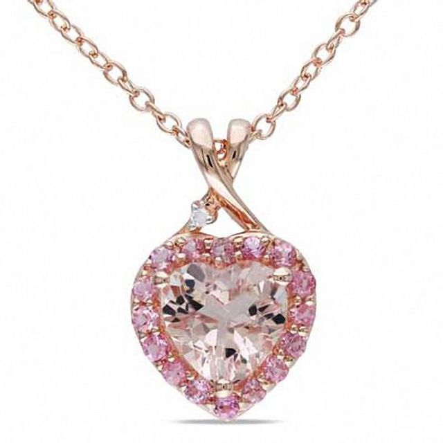 7.0mm Heart-Shaped Morganite, Pink Tourmaline and Diamond Accent Pendant in Rose Rhodium Sterling Silver