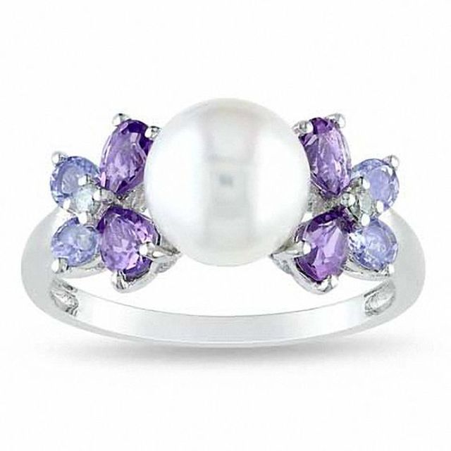 8.0 - 8.5mm Cultured Freshwater Pearl, Amethyst and Tanzanite Ring Sterling Silver with Diamond Accents