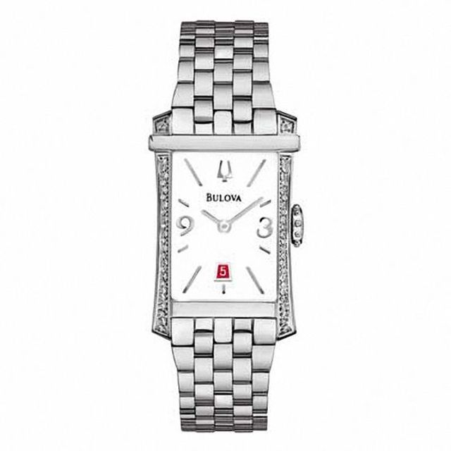 Ladies' Bulova Diamond Accent Watch with Rectangular White Dial (Model: 96R187)