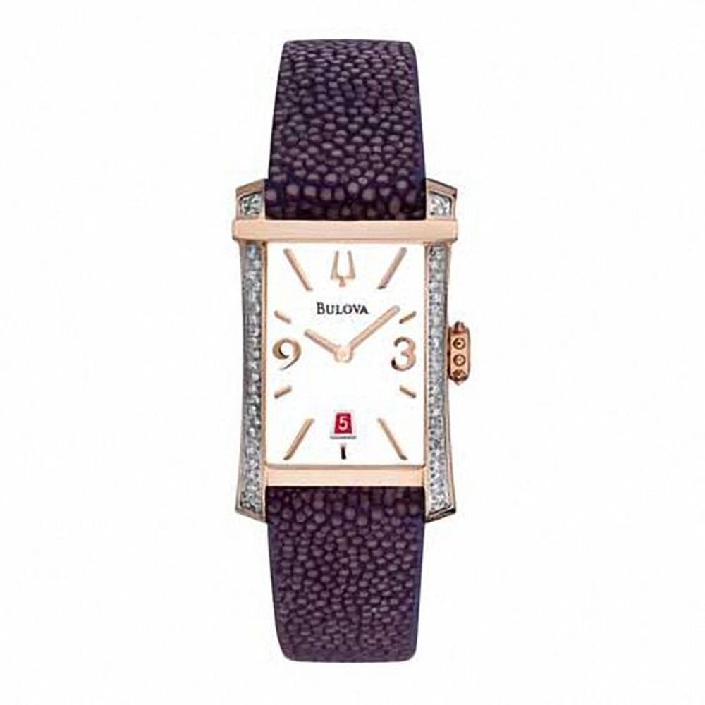 Ladies' Bulova Diamond Accent Two-Tone Strap Watch with Rectangular White Dial (Model: 98R197)