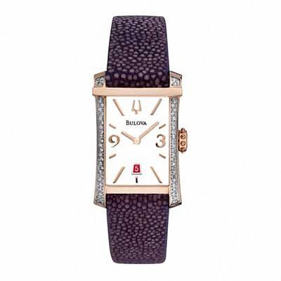 Ladies' Bulova Diamond Accent Two-Tone Strap Watch with Rectangular White Dial (Model: 98R197)