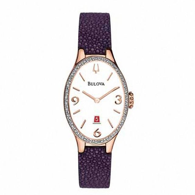 Ladies' Bulova Diamond Accent Rose-Tone Strap Watch with Oval White Dial (Model: 98R198)