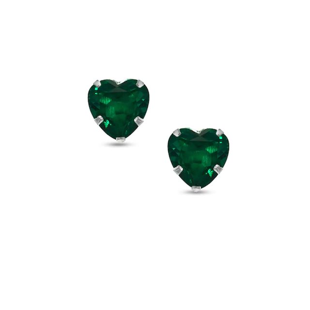 8.0mm Heart-Shaped Lab-Created Emerald Stud Earrings in 14K White Gold