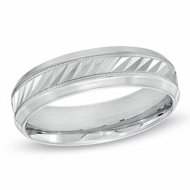 Men's 6.0mm Diagonal Etched Comfort Fit Milgrain Wedding Band in Sterling Silver