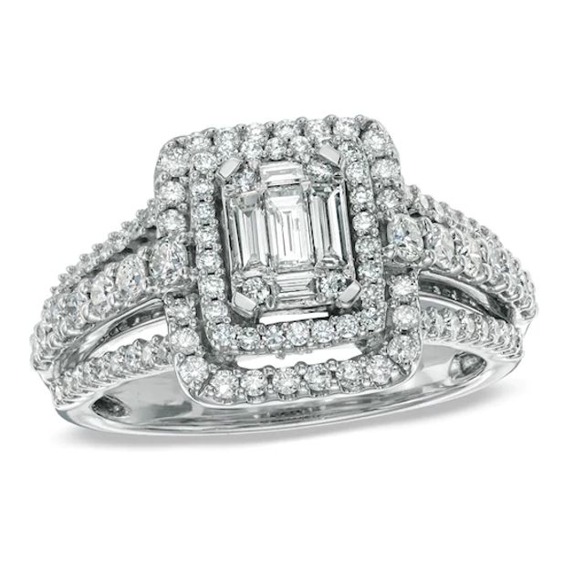1 CT. T.w. Multi-Baguette Diamond Double Frame Engagement Ring in 14K White Gold