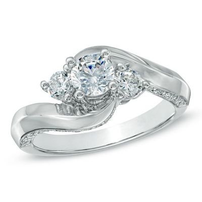 1 CT. T.w. Diamond Three Stone Swirl Engagement Ring in 14K White Gold