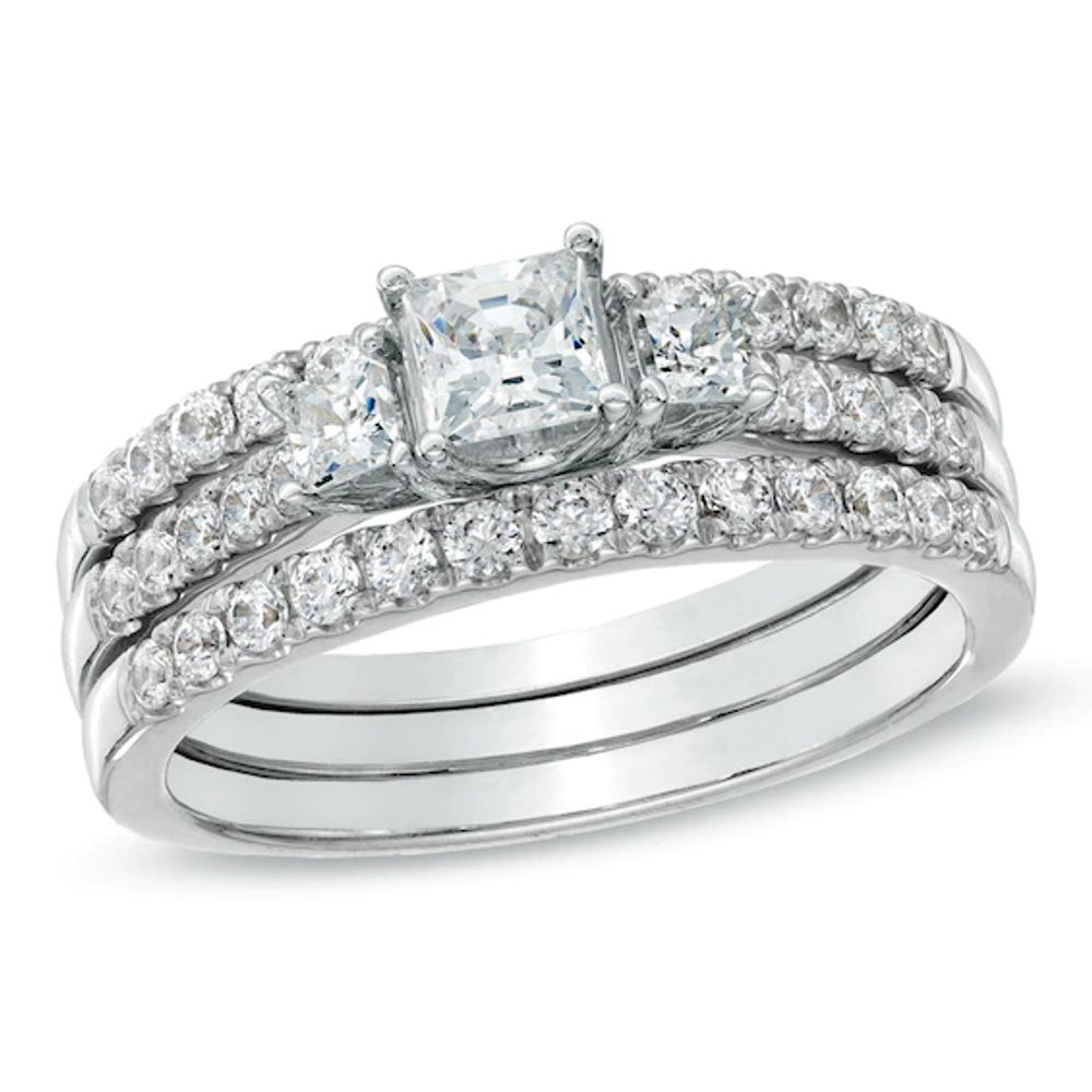 1-1/2 CT. T.w. Princess-Cut Diamond Three Stone Bridal Set in 14K White Gold