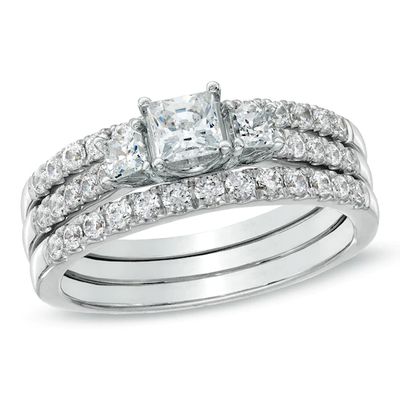 1-1/2 CT. T.w. Princess-Cut Diamond Three Stone Bridal Set in 14K White Gold