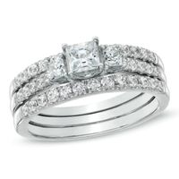 1-1/2 CT. T.w. Princess-Cut Diamond Three Stone Bridal Set in 14K White Gold