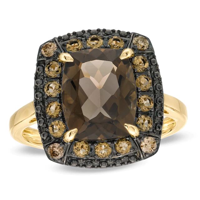 Cushion-Cut Smoky and Whiskey Quartz with Enhanced Champagne Diamond Accent Ring in 10K Gold