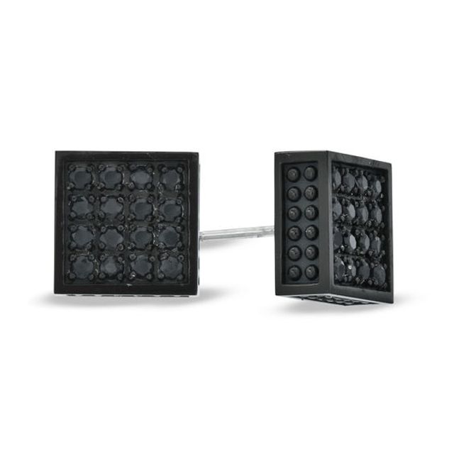 Men's Black Sapphire Square Stud Earrings in Black IP Stainless Steel