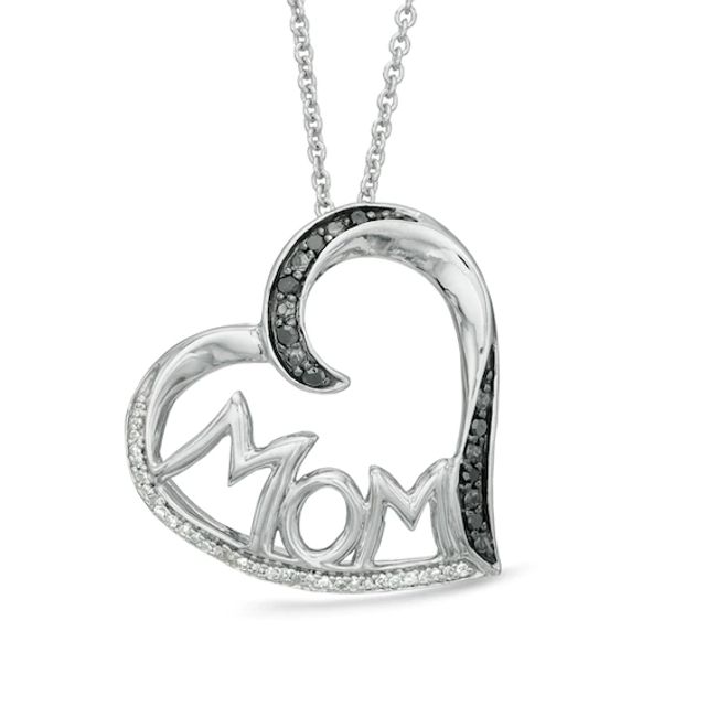 1/10 CT. T.w. Enhanced Black and White Diamond Tilted Heart with Mom Pendant in Sterling Silver
