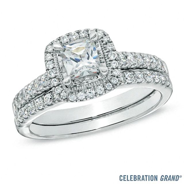 Celebration Ideal 1 CT. T.w. Princess-Cut Certified Diamond Frame Vintage-Style Bridal Set in 14K White Gold (J/I1)