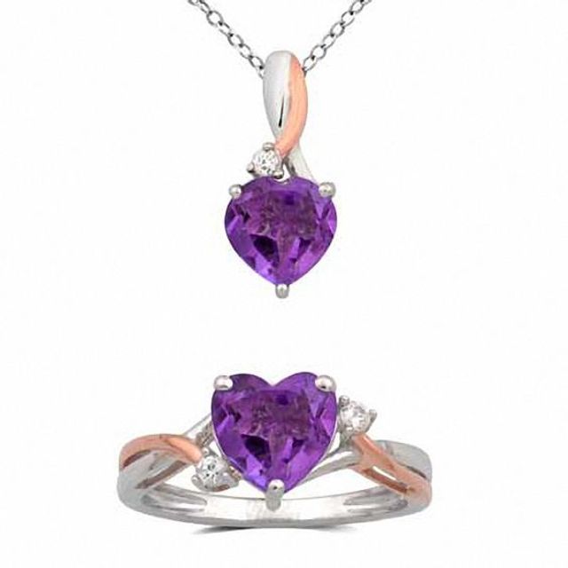 Heart-Shaped Amethyst and Lab-Created White Sapphire Pendant and Ring Set in Sterling Silver and 14K Rose Gold Plate