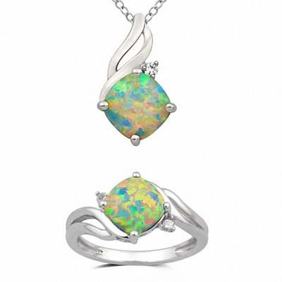 8.0mm Cushion-Cut Lab-Created Opal and White Sapphire Pendant and Ring Set in Sterling Silver - Size 7