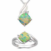 8.0mm Cushion-Cut Lab-Created Opal and White Sapphire Pendant and Ring Set in Sterling Silver - Size 7