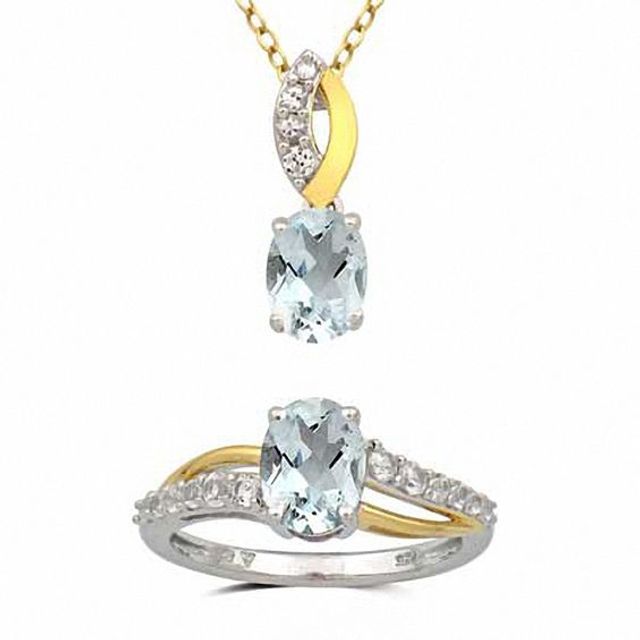 Oval Aquamarine and Lab-Created White Sapphire Pendant and Ring Set in Sterling Silver and 14K Gold Plate - Size 7