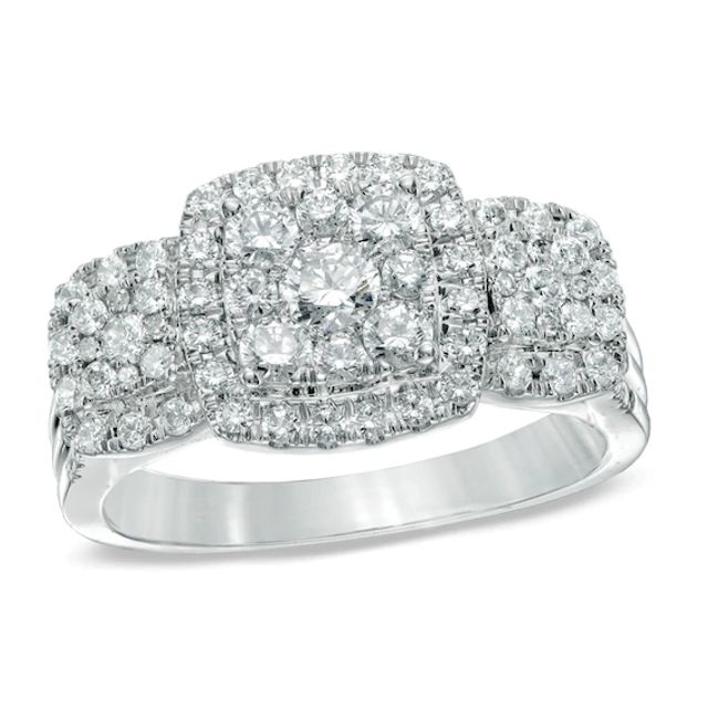1 CT. T.w. Diamond Cluster Three Stone Engagement Ring in 14K White Gold