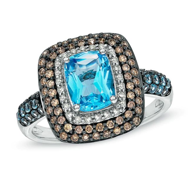 Cushion-Cut Blue Topaz and 1/3 CT. T.w. Enhanced Champagne and White Diamond Ring in 10K White Gold