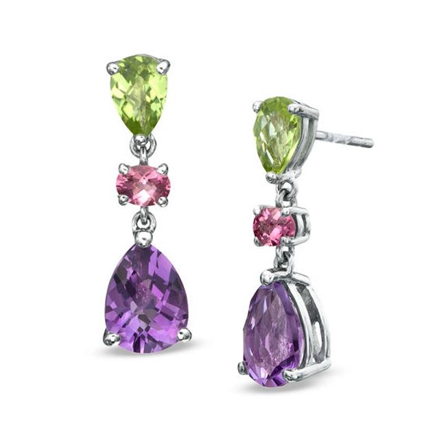 Pear-Shaped Amethyst, Peridot and Pink Tourmaline Earrings in Sterling Silver