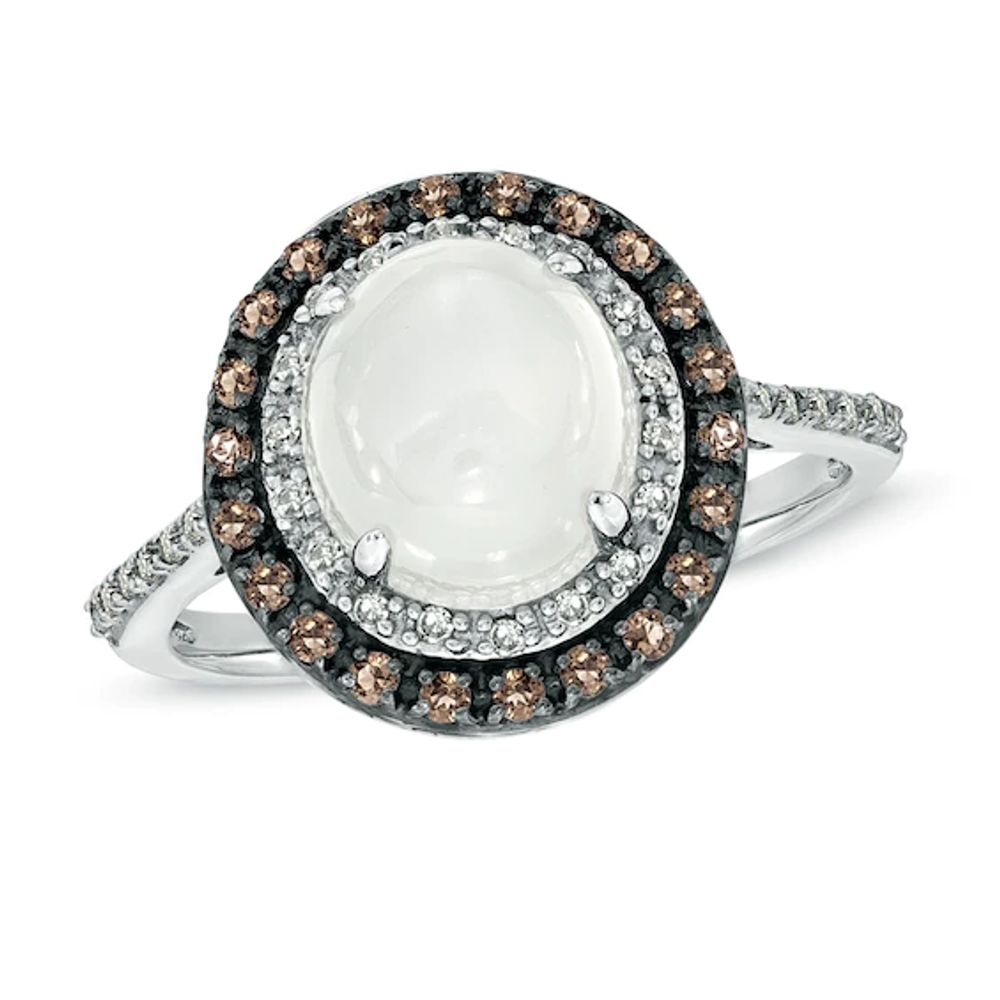 Oval White Moonstone, Smoky Quartz and 1/10 CT. T.w. Diamond Ring in 10K White Gold