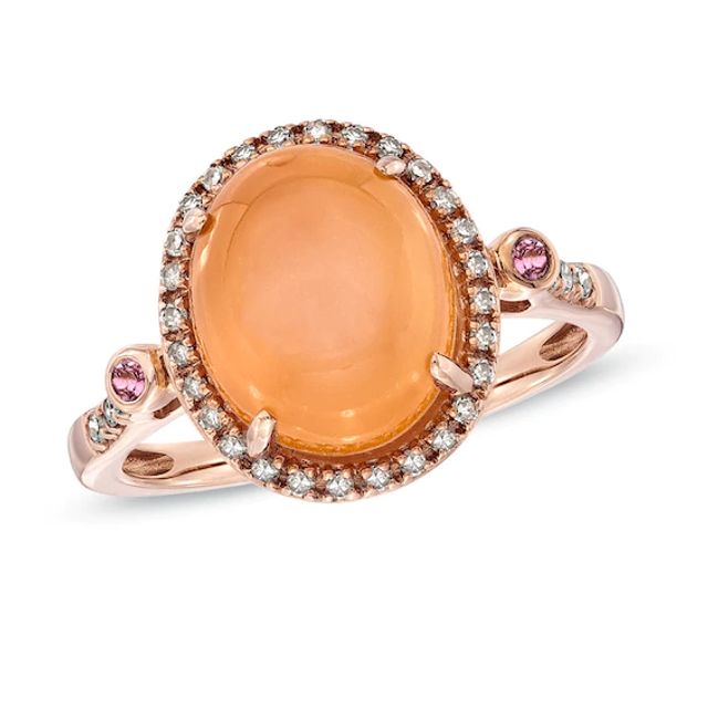 Oval Peach Moonstone, Pink Tourmaline and 1/6 CT. T.w. Diamond Ring in 10K Rose Gold