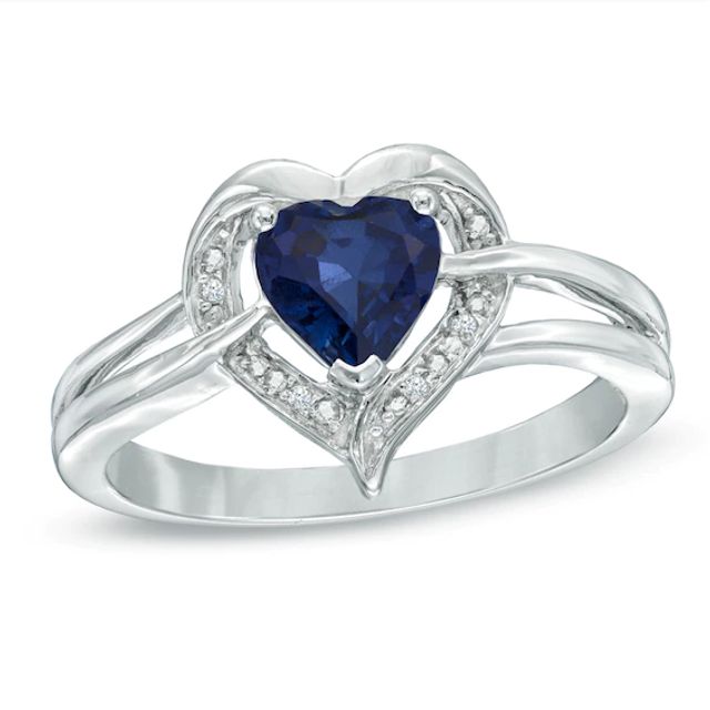 6.0mm Heart-Shaped Lab-Created Sapphire and Diamond Accent Ring in Sterling Silver