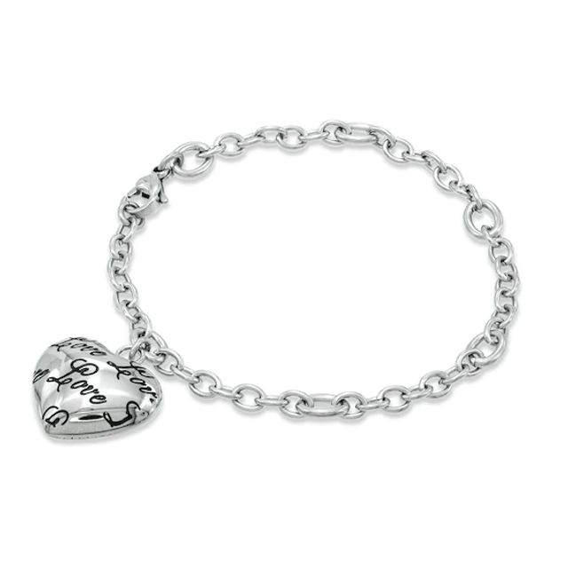 "Love" Puffed Heart Charm Bracelet in Stainless Steel - 7.5"