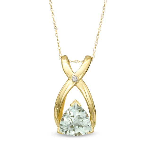 8.0mm Trillion-Cut Green Quartz and Diamond Accent Wishbone Pendant in 10K Gold