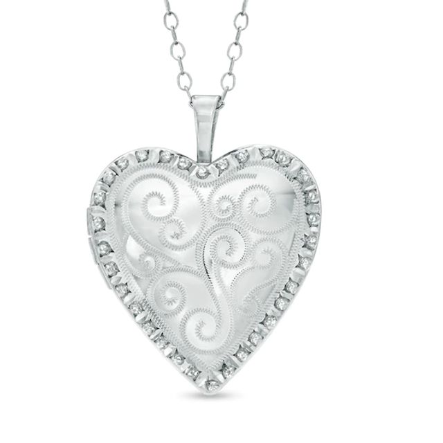 Diamond Fascinationâ¢ Heart with Scroll Design Locket in Sterling Silver with Platinum Plate