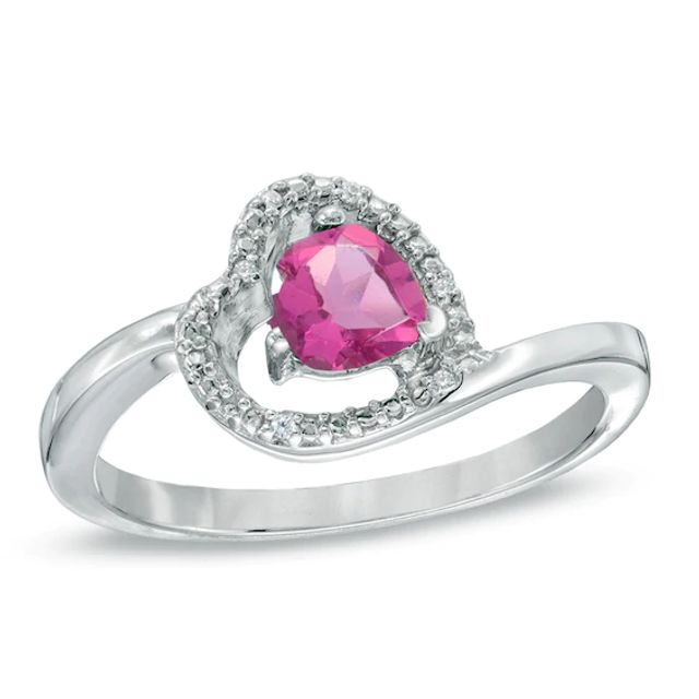5.0mm Sideways Heart-Shaped Lab-Created Sapphire and Diamond Accent Promise Ring in Sterling Silver