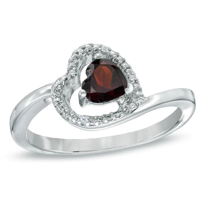 5.0mm Sideways Heart-Shaped Garnet and Diamond Accent Promise Ring in Sterling Silver