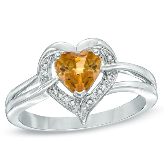 6.0mm Heart-Shaped Citrine and Diamond Accent Ring in Sterling Silver